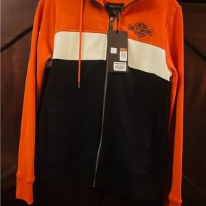 New Harley-Davidson Black and Orange zip up Hoodie with White Stripe